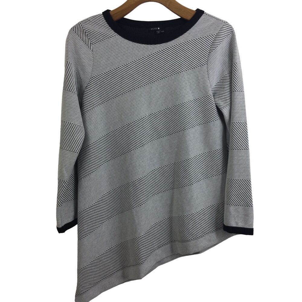 BYLYSE Geometric Stripe Asymmetric Hem Tunic Knit Sweater Off-White Size Medium